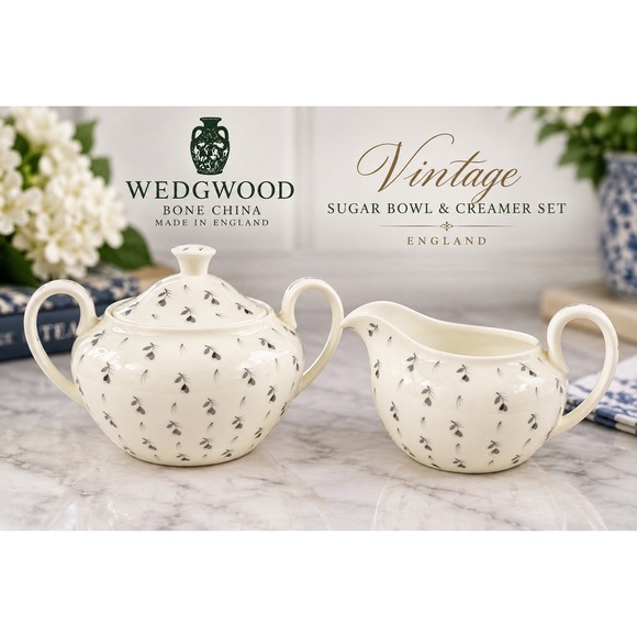 Wedgwood Other - Vintage Wedgwood Bone China Sugar Bowl Creamer Set Made in England Gray Sprigs
